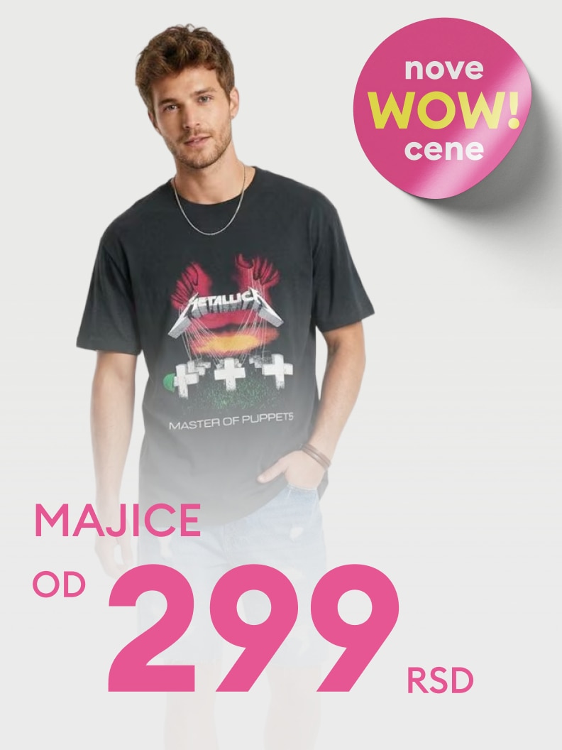 Promocija muških majica po sniženim cenama, dostupnih od 299 RSD, sa naglaskom na nove povoljne ponude.