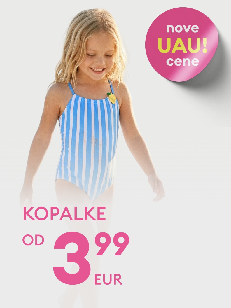 Promocija otroških kopalk z novimi znižanimi cenami, na voljo od 3,99 EUR.