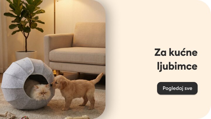 Promocija ponude za kućne ljubimce, naglašava brigu i hidrataciju pasa te poziva na pregled dostupnih proizvoda.