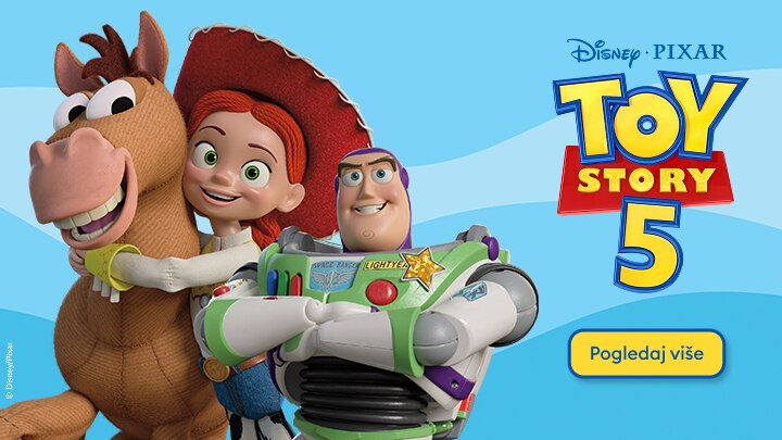 Promotivni sadržaj za Disney Pixar Toy Story 5, ističe likove iz filma i poziva korisnika da sazna više o novom nastavku.