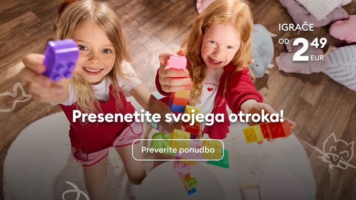 Oglaševalski banner, ki spodbuja nakup otroških igrač in predstavlja cenovno ugodno ponudbo za razveselitev otrok, z izhodiščno ceno od 2,49 EUR.