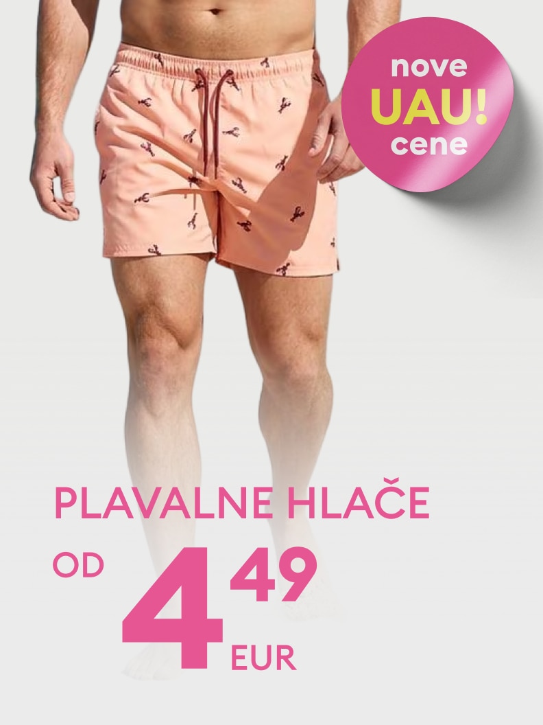 Promocijska ponudba moških plavalnih hlač z novo znižano ceno od 4,49 EUR.