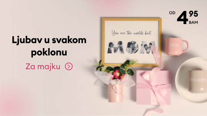 Promocija ideja za poklone za majku, ističe emotivnu vrijednost darivanja i povoljnu cijenu od 4,95 BAM te poziva na odabir poklona.