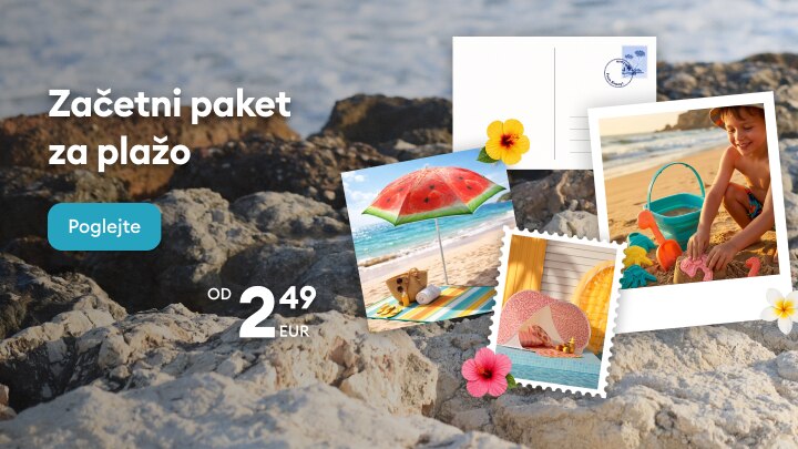 Promocija začetnega paketa za plažo z osnovnimi poletnimi dodatki za dopust ob morju, na voljo po začetni ceni od 2,49 EUR.