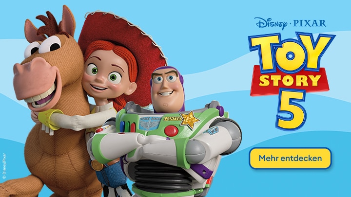 Werbegrafik zur Ankündigung von Disney Pixar Toy Story 5 mit den Figuren Woody, Buzz Lightyear und Bullseye; lädt dazu ein, Inhalte oder Produkte zur Filmreihe zu entdecken.