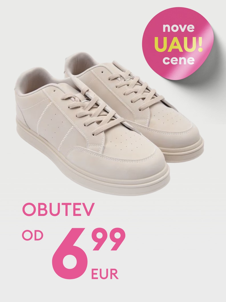 Promocija športnih čevljev z novo cenovno ponudbo, namenjena obveščanju o ugodni akciji in spodbujanju nakupa obutve.