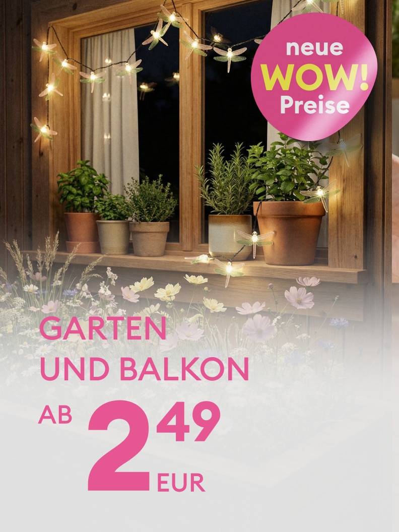 Werbebanner mit Sonderangeboten für Garten- und Balkonartikel zu neuen Niedrigpreisen ab 2,49 EUR.