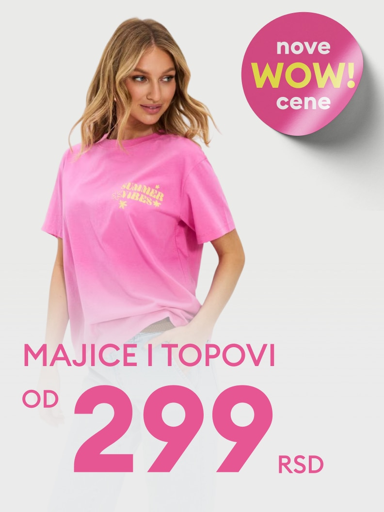 Promotivna ponuda ženskih majica i topova po sniženoj ceni, namenjena informisanju o aktuelnoj akciji i povoljnijoj kupovini.