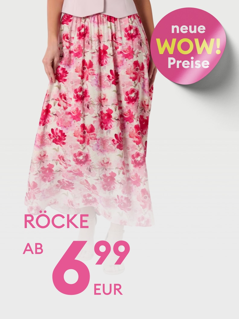Werbebild für Damenröcke mit floralen Mustern, das ein aktuelles Sonderangebot mit besonders günstigen Einstiegspreisen kommuniziert.