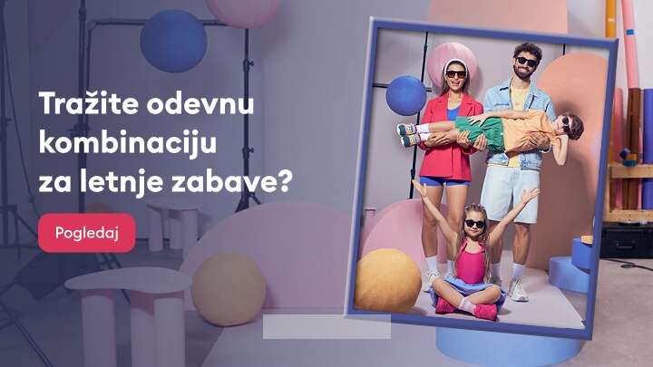 Promocija letnjih odevnih kombinacija za zabavu, sa porodičnim stilovima i pozivom da se pregleda ponuda.