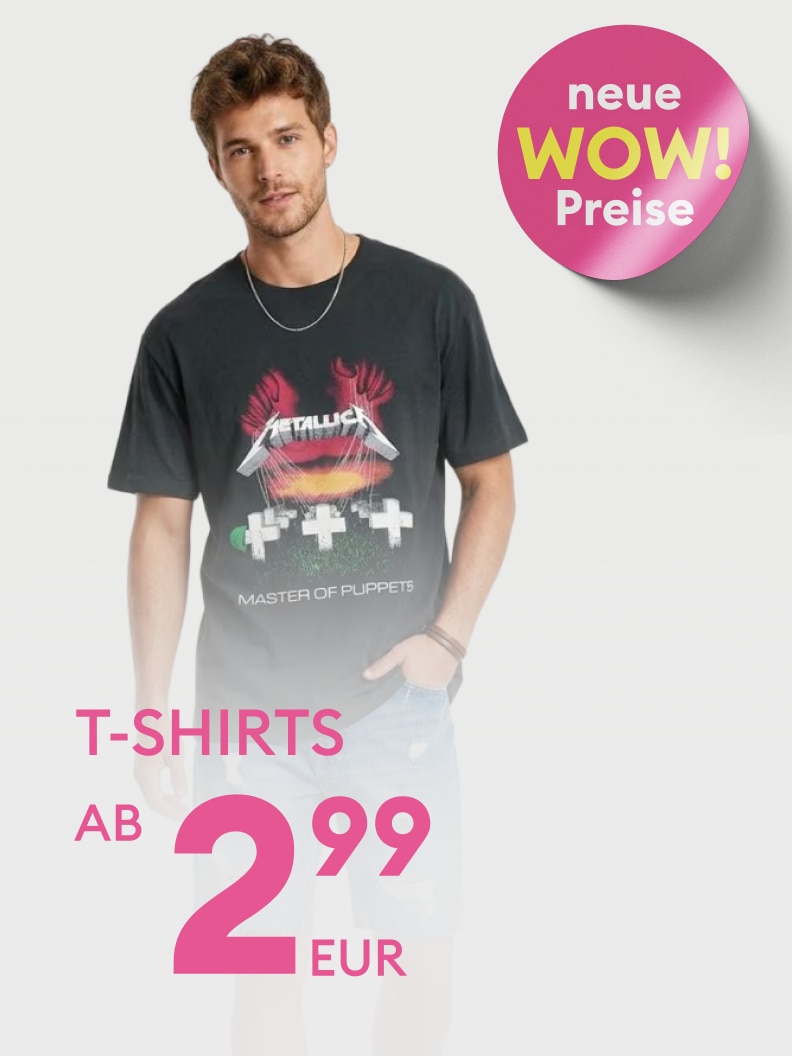 Werbebild zur Bewerbung einer T‑Shirt‑Aktion mit neuen, stark reduzierten Preisen und besonderem Preisvorteil für Kundinnen und Kunden.