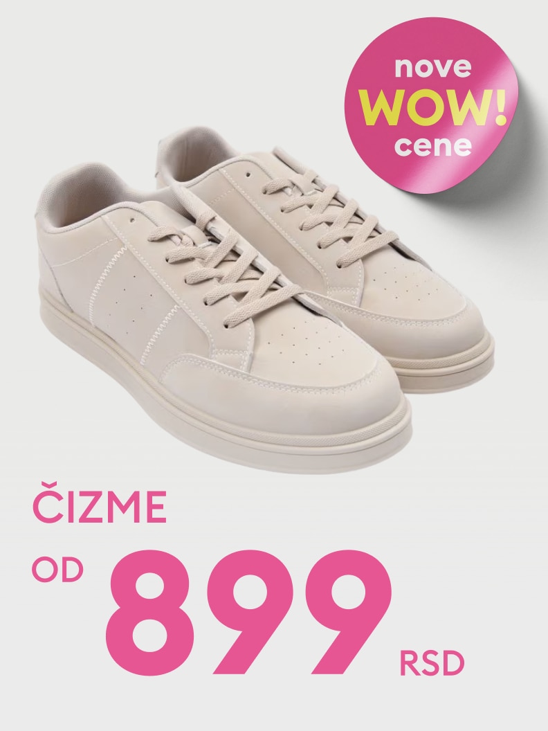 Promotivni prikaz patika uz istaknutu akcijsku cenu od 899 RSD, sa ciljem informisanja o povoljnoj kupovini.