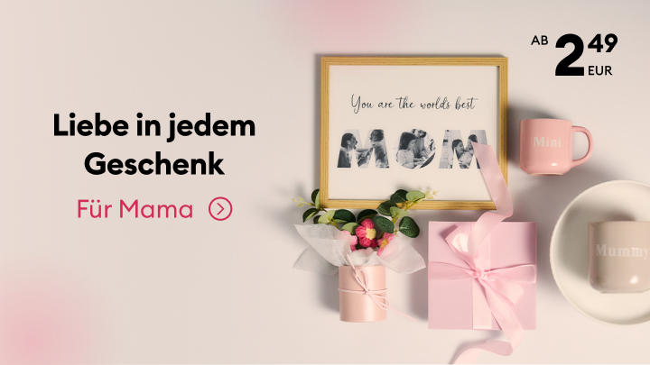 Werbebanner für Geschenkideen für Mütter, mit personalisierten Wohnaccessoires und Dekoration, als Inspiration zum Verschenken zu einem günstigen Einstiegspreis.