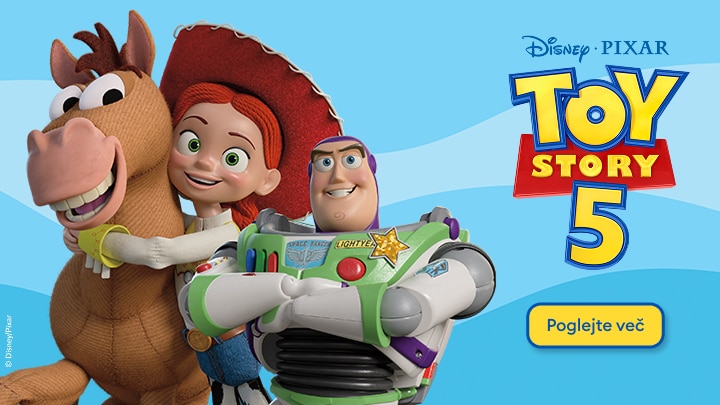 Promocijski vizual za Disney·Pixar Toy Story 5, ki predstavlja priljubljene like iz franšize in vabi uporabnika k odkrivanju vsebine ali novosti o filmu.