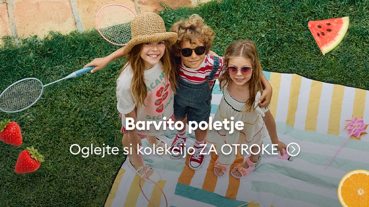 Promocija poletne kolekcije otroških oblačil z idejo igrivega in sproščenega preživljanja časa na prostem.