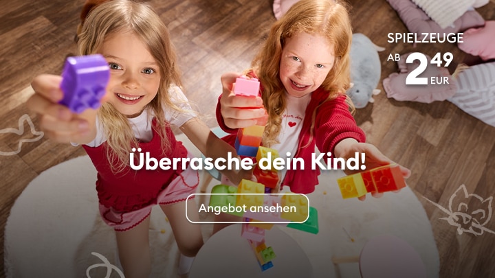 Werbebanner für Spielzeuge, der Eltern anspricht und dazu einlädt, ein attraktives Angebot für Kinder zu entdecken.