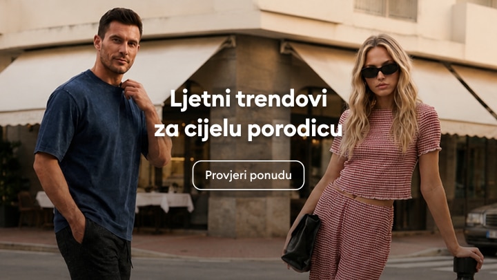 Promotivna poruka koja najavljuje ljetne modne trendove za cijelu porodicu i poziva korisnika da istraži aktuelnu ponudu.