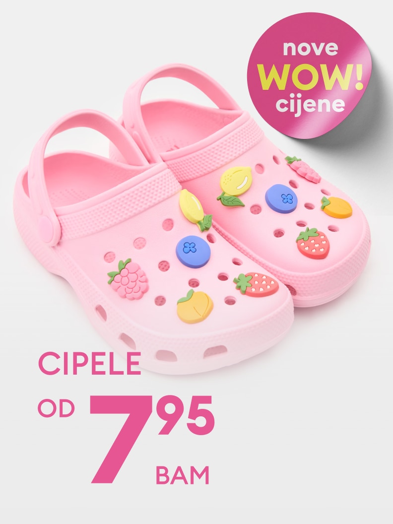 Promocija dječijih klompi s ukrasima, ističe sniženu ponudu i početnu cijenu od 7,95 BAM za brzu kupovinu.