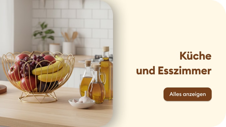 Werbebanner für Produkte für Küche und Esszimmer, der zum Entdecken des Sortiments für Kochen, Servieren und Essen im Haushalt einlädt.