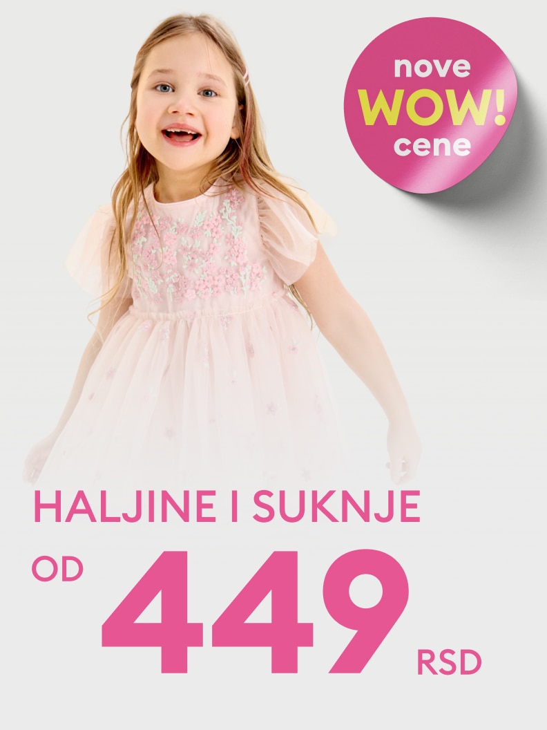 Promotivna ponuda dečjih haljina i suknji po novim, sniženim cenama, sa početnom cenom od 449 RSD.