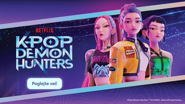 Promocijski banner za Netflixovo animirano serijo K‑Pop Demon Hunters, namenjen spodbujanju uporabnika k ogledu vsebine.