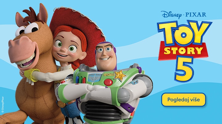 Promotivna ilustracija za Disney Pixar Toy Story 5 s likovima Woodyjem, Buzzom Lightyearom i Bullseyejem, koja najavljuje novi film i potiče interes za dodatne sadržaje.