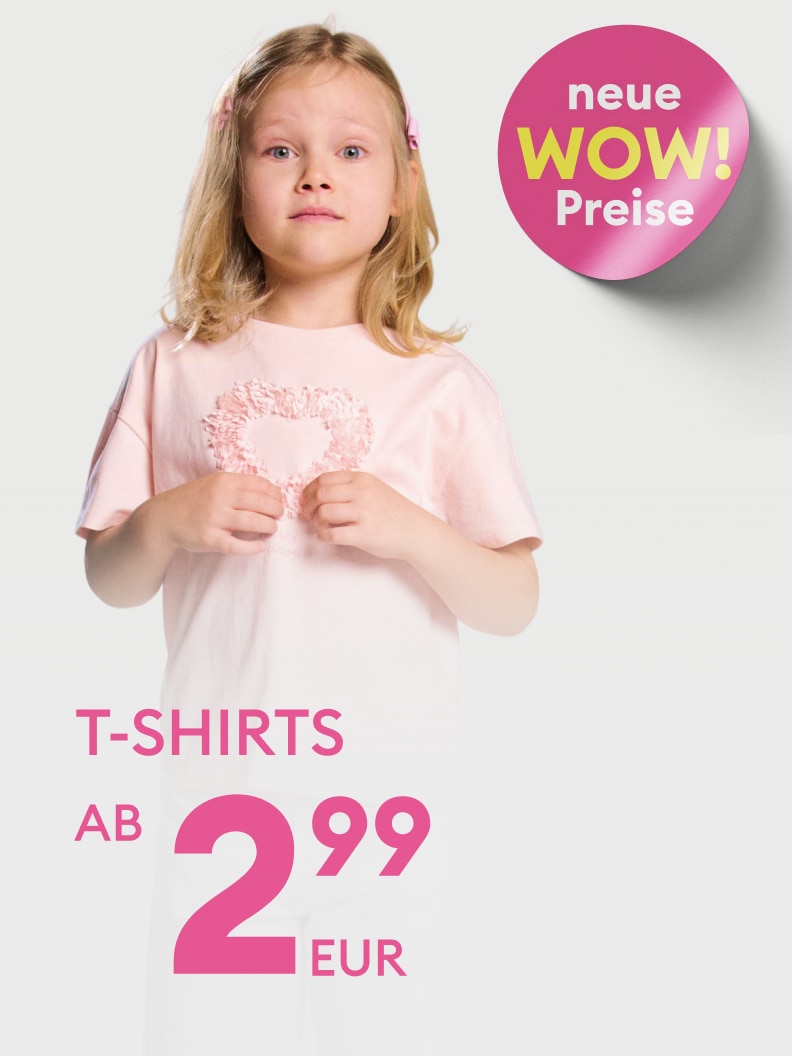 Werbebild zur Bewerbung günstiger Kinder-T-Shirts mit neuen Sonderpreisen.