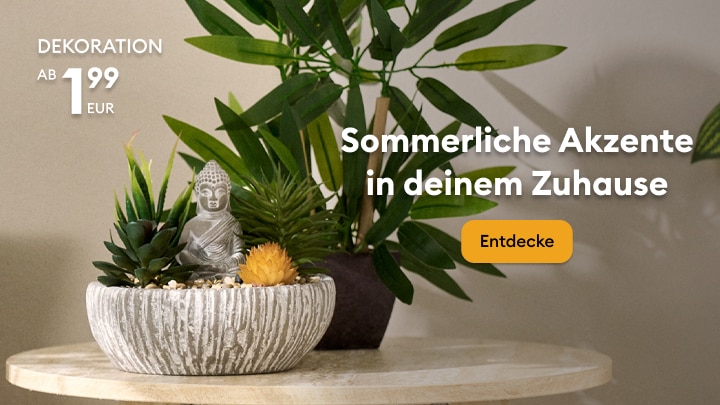 Werbebild zur Entdeckung preisgünstiger Dekorationsartikel, die sommerliche Akzente im Zuhause setzen und zur Gestaltung von Wohnräumen inspirieren.
