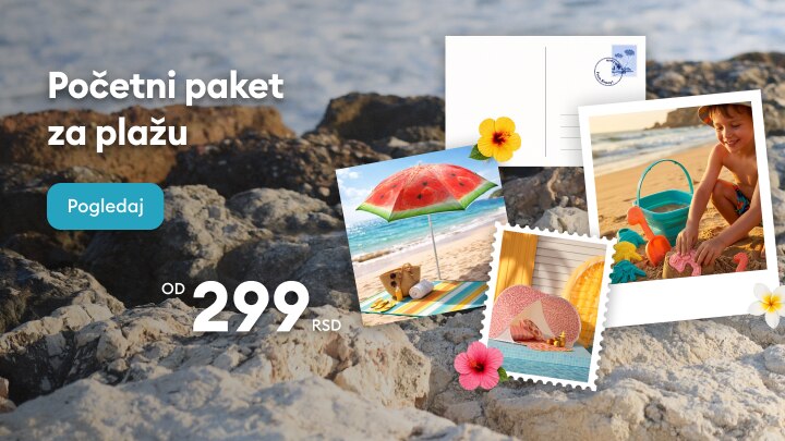 Promocija povoljnog početnog paketa za plažu, namenjena letnjem odmoru, sa pozivom da se pregleda ponuda.