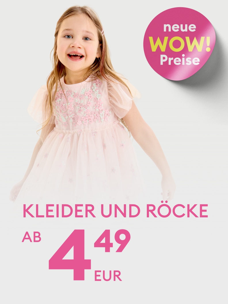 Werbebanner für Kinderkleider und -röcke mit neuen Aktionspreisen, der auf günstige Angebote für Mädchenmode aufmerksam macht und zum Kauf motiviert.