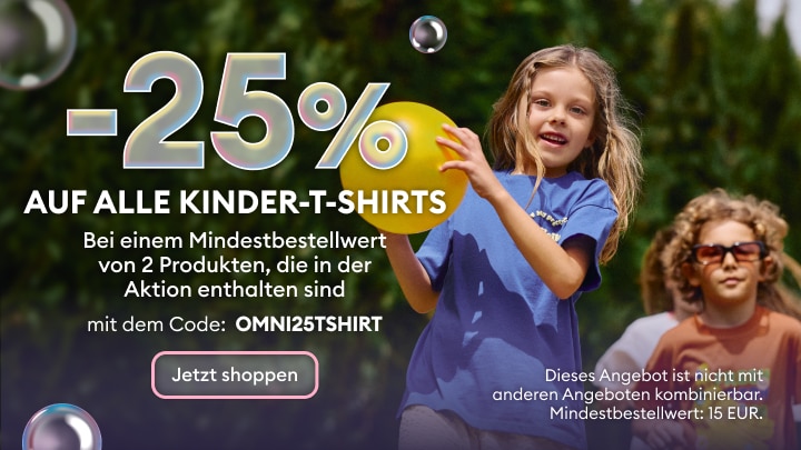 Werbebanner für eine zeitlich begrenzte Aktion mit 25 % Rabatt auf Kinder‑T‑Shirts, inklusive Gutscheincode und Mindestkaufbedingungen, mit klarer Aufforderung zum Online‑Einkauf.