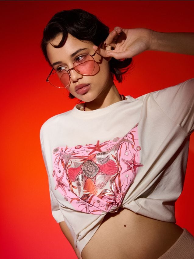 Baumwoll-T-Shirt mit glänzendem Print